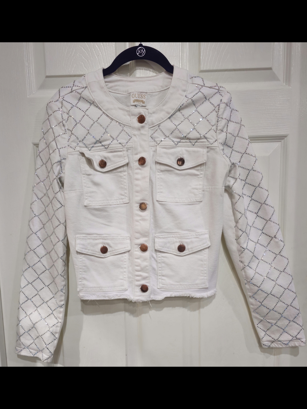 Guess White Metallic Rhinestone Sleeve Denim Cropped Jacket